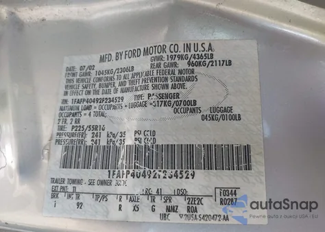 2002 Ford Mustang z USA, uszkodzony, nr VIN 1FAFP40492F234529